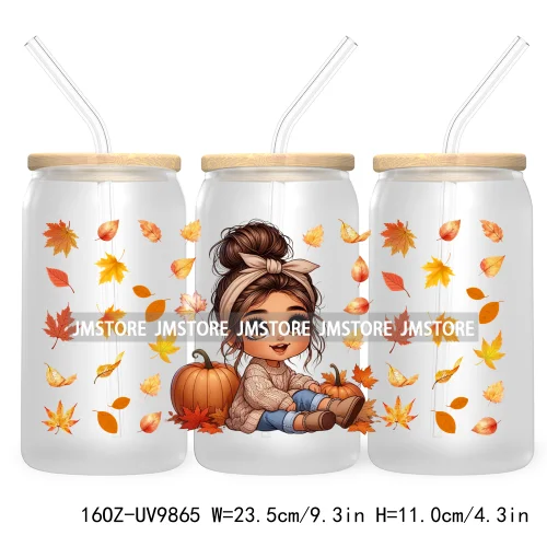 Mexican Latina Chibi Autumn Baby Girl UV DTF Sticker For 16OZ Libbey Glass Cup Can Wrap Transfer Stickers Custom Labels DIY Logo