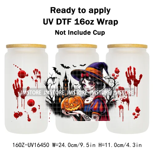 Halloween Witch Princess Bat Pumpkin UV DTF Wraps Transfer Stickers Waterproof High Quality For 16OZ Libbey Glass Can Tumbler