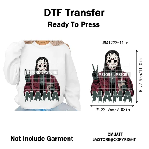 Black Girls Coffee Drinking Halloween Scary Movie Killer Mama Iron on Washable DTF Transfers Stickers Ready to Press for Clothes