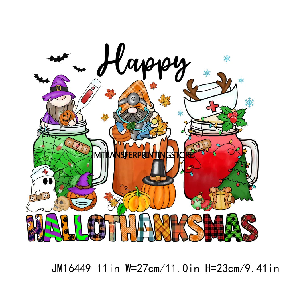 Eat Drink And Be Thankful Hallothanksmas Decals Santa Gnome Coffee Cup Animal Pumpkin Iron On DTF Transfer Sticker For Clothing