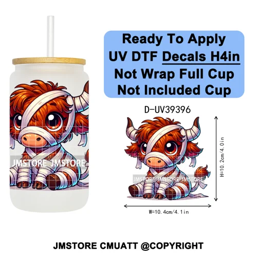 Highland Cow Horror Character Coquette Pumpkin UV DTF Decals Ready To Apply Durable Transfer Stickers For 16OZ Libbey Glass Can