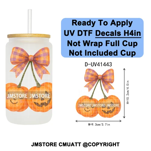 Highland Cow Horror Character Coquette Pumpkin UV DTF Decals Ready To Apply Durable Transfer Stickers For 16OZ Libbey Glass Can