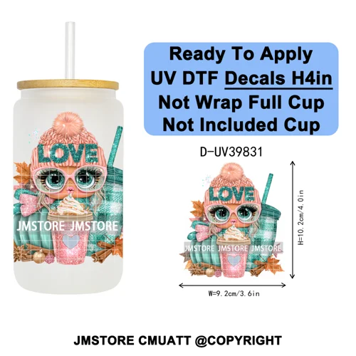 Girly Halloween Ghost Pumpkin Coffee Lover UV DTF Transfer Stickers Decals Ready To Apply Waterproof For 16OZ Libbey Glass Can