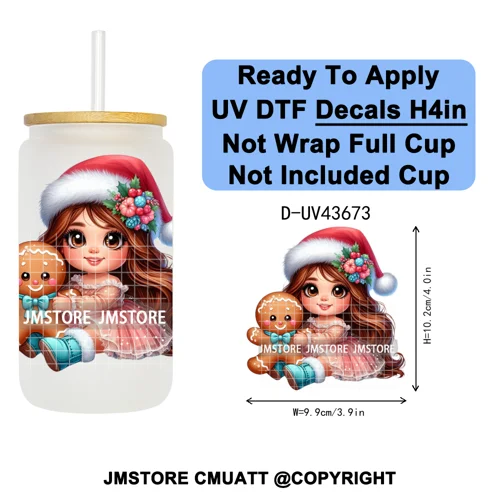 Floral Christmas Latina Chibi Girl UV DTF Transfer Stickers Decals Ready To Apply Good Quality Prints For Libbey Cold Cup Mugs