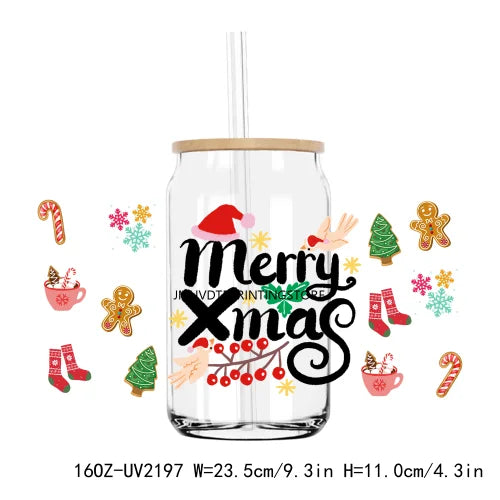 Merry Christmas Glitter Gingerbread UV DTF Sticker For 16OZ Libbey Glass Cup Can Wrap Transfer Sticker Custom Labels DIY Logo