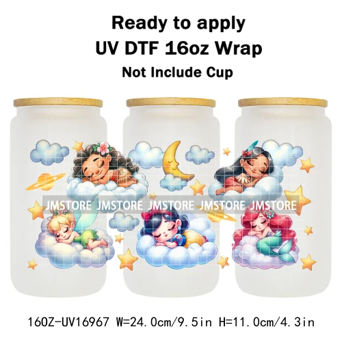 Cute Cartoon Character Sleeping On The Clouds UV DTF Stickers Ready To Apply Cup Wrap Custom Labels For 16OZ Libbey Can Glass