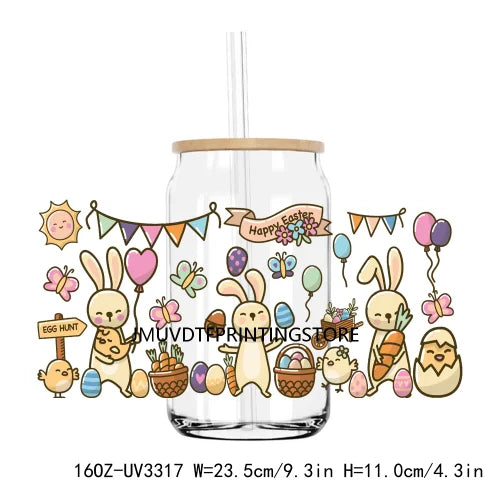 Easter Bunny Egg Spring Flowers UV DTF Sticker For 16OZ Libbey Glass Cup Can Wrap Transfer Sticker Custom Labels DIY Logo