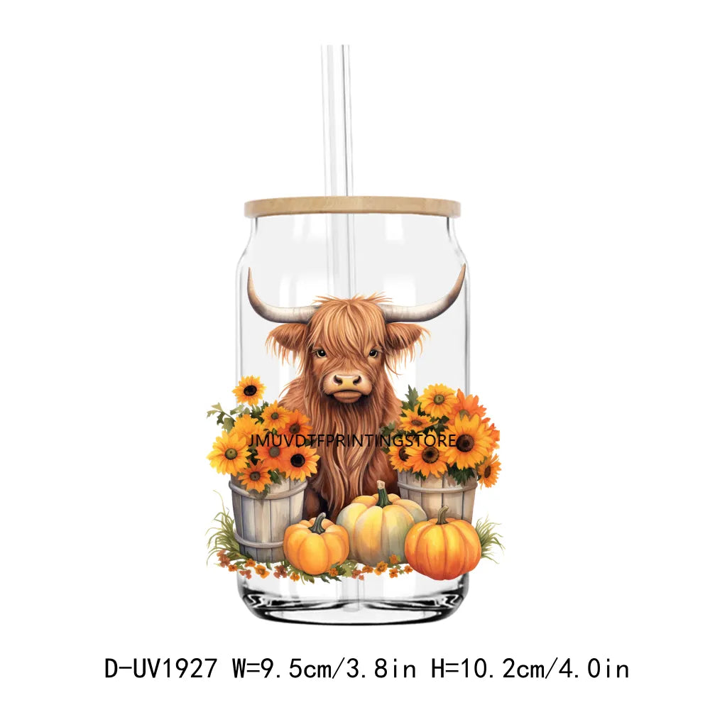 Howdy Fall Highland Cow Pumpkin UV DTF Transfers Stickers Decals For Libbey Cold Cups Mugs Tumbler Waterproof DIY Craft