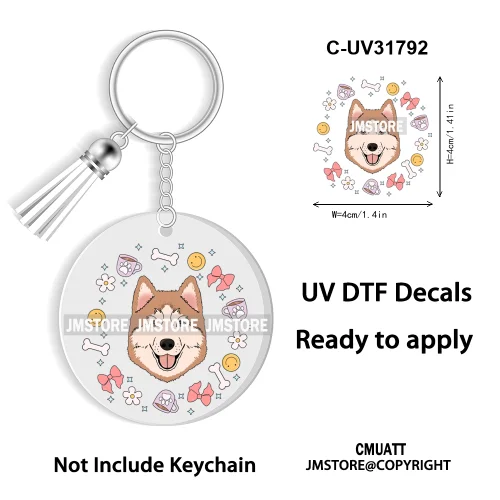 Dog Pet Mom Flower Bow Frame High Quality WaterProof Ready To Apply UV DTF Stickers For Round Circle Acrylic Keychain Keyring