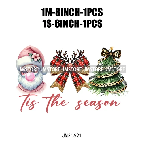 Tis The Season Blowing Bubble Santa Claus Coquette Bow Tree Christmas Iron On DTF Transfers Stickers Ready To Press For Hoodies