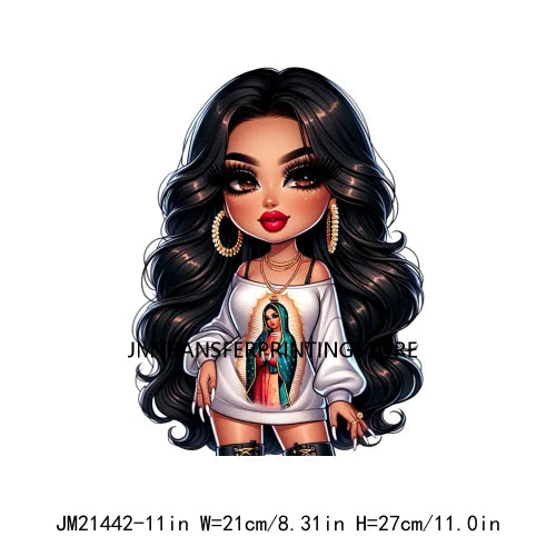 Chibi Cute Chicana Doll Guadalupe Lady Skull Latina Woman Cold Peel Decals Iron On DTF Transfers Stickers For Shirts Bags Pillow