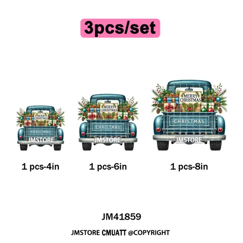 Christmas Pickup Truck Car Winter Tree Snowy Holiday Decoration Iron on DTF Heat Transfers Stickers Ready to Press for Clothing