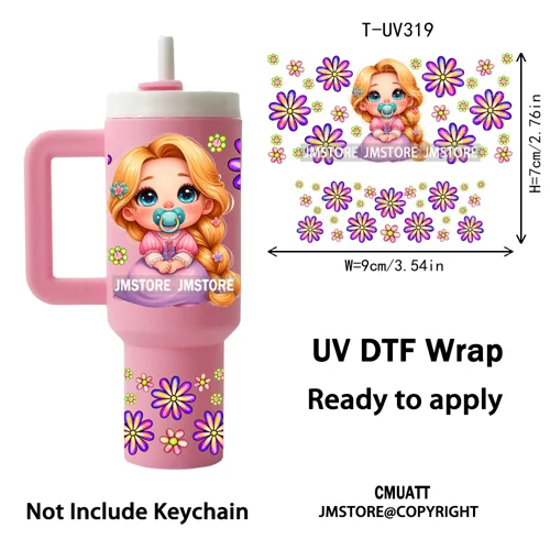 Watercolor Little Girl Cartoon Princess Flowers UV DTF Wraps Ready To Use Transfer Stickers Waterproof For Mini Tumbler Keychain