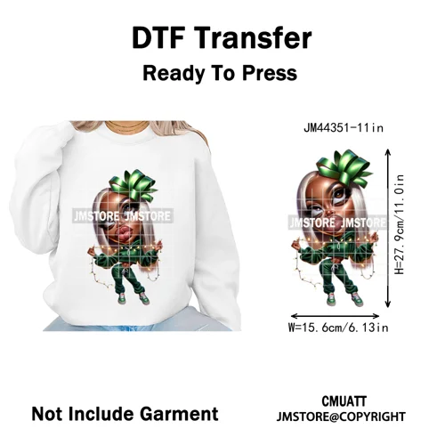 Cool African Melanin Girls Christmas Season Holiday Moody Iron on Washable DTF Heat Transfer Stickers Ready to Press for Hoodies