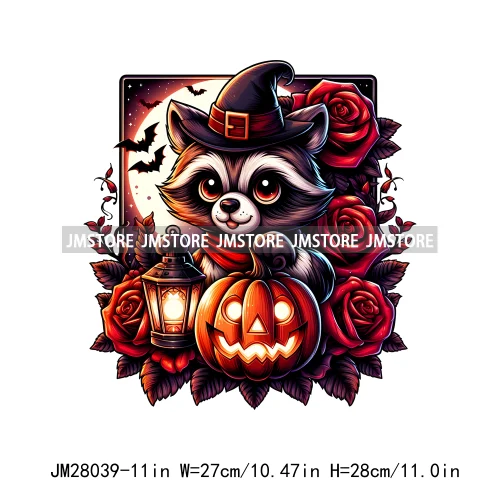 Cute Animals Skull Red Rose Pumpkin Halloween Spooky Vibes Design Logo Iron On DTF Transfer Stickers Ready To Press For Clothing