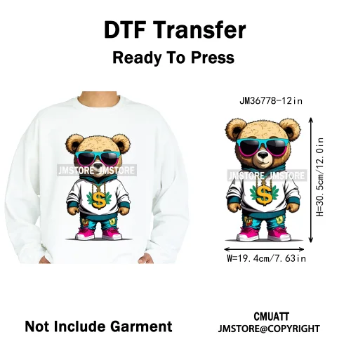 12in Cartoon Gangster Hip Hop Streetwear Teddy Bear Lover Designs Iron on DTF Heat Transfers Stickers Ready to Press for Hoodies