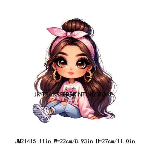 Pink Bow Long Hair Chibi Cute Chicana Doll Girls With Earing Washable Iron On DTF Transfers Stickers Designs For Sweatshirt