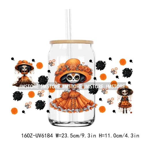 Cartoon La Catrina Dia De Los Muertos 16OZ UV DTF Cup Wrap Transfers Stickers Custom Labels Waterproof Logo For Libbey Glass Can