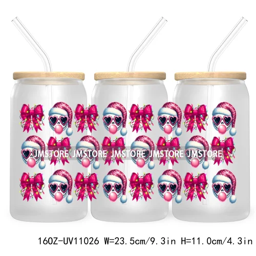 Skeleton Christmas 16OZ UV DTF Cup Wrap Transfer Stickers Durable Waterproof For Libbey Glass Can Coquette Bow Christmas Santa