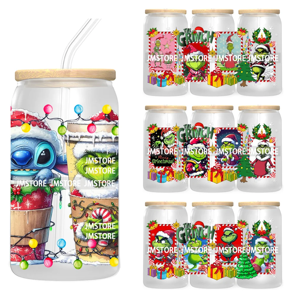 Christmas Coffee Cups Green Guy 16OZ UV Cup Wrap DTF Transfer Stickers For Libbey Glass Can Cup Tumbler Waterproof Label Cartoon