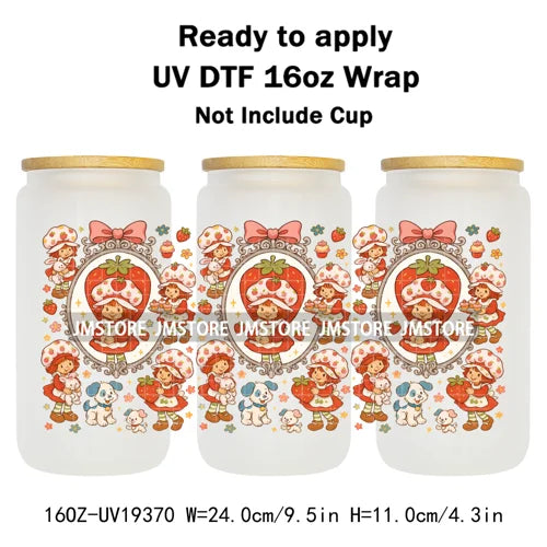Strawberry Girls Cartoon Magic Mirror UV DTF Transfer Sticker Cup Tumbler Wrap For 16OZ Libbey Glass Wraps Bottle Mug DIY Labels