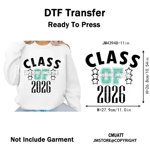 College Mega Senior 2K26 Coquette Class of 2026 Iron on Washable DTF Heat Transfers Stickers Ready to Press for Textiles Bags