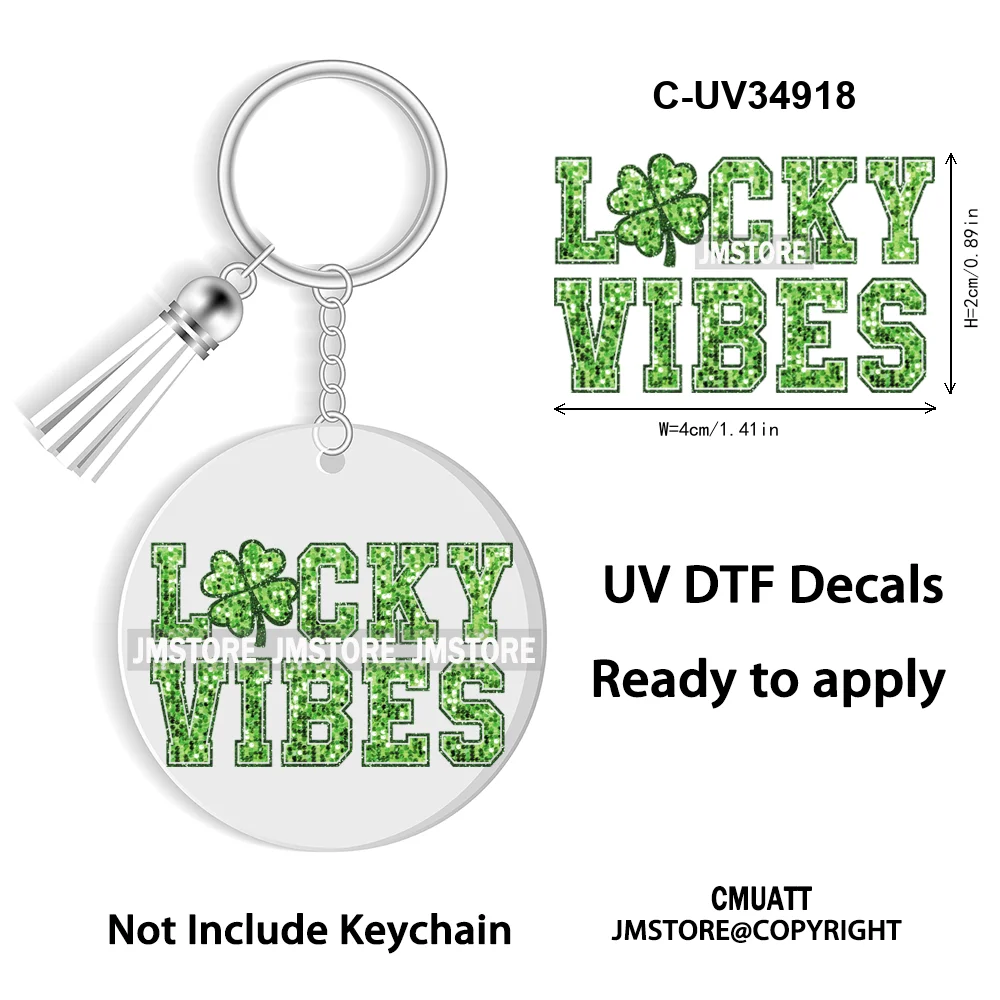 Sparkly Faux Sequin St Patricks Day Coquette Glitter Lucky Charm WaterProof UV DTF Sticker For Round Circle Keychain Keyring