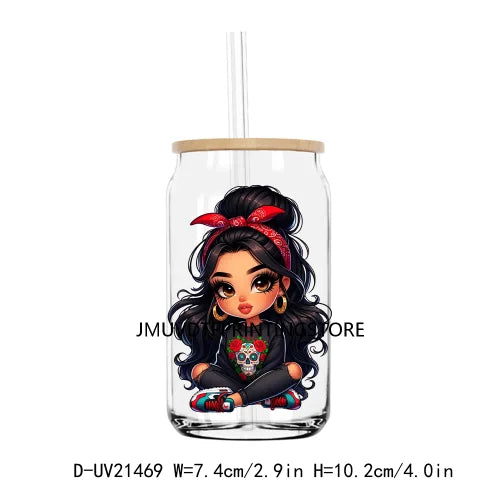 Chibi Cute Chicana Doll With Rose UV DTF Transfers Stickers Decals For Libbey Cold Cups Mugs Tumbler Mexico Waterproof DIY Logo