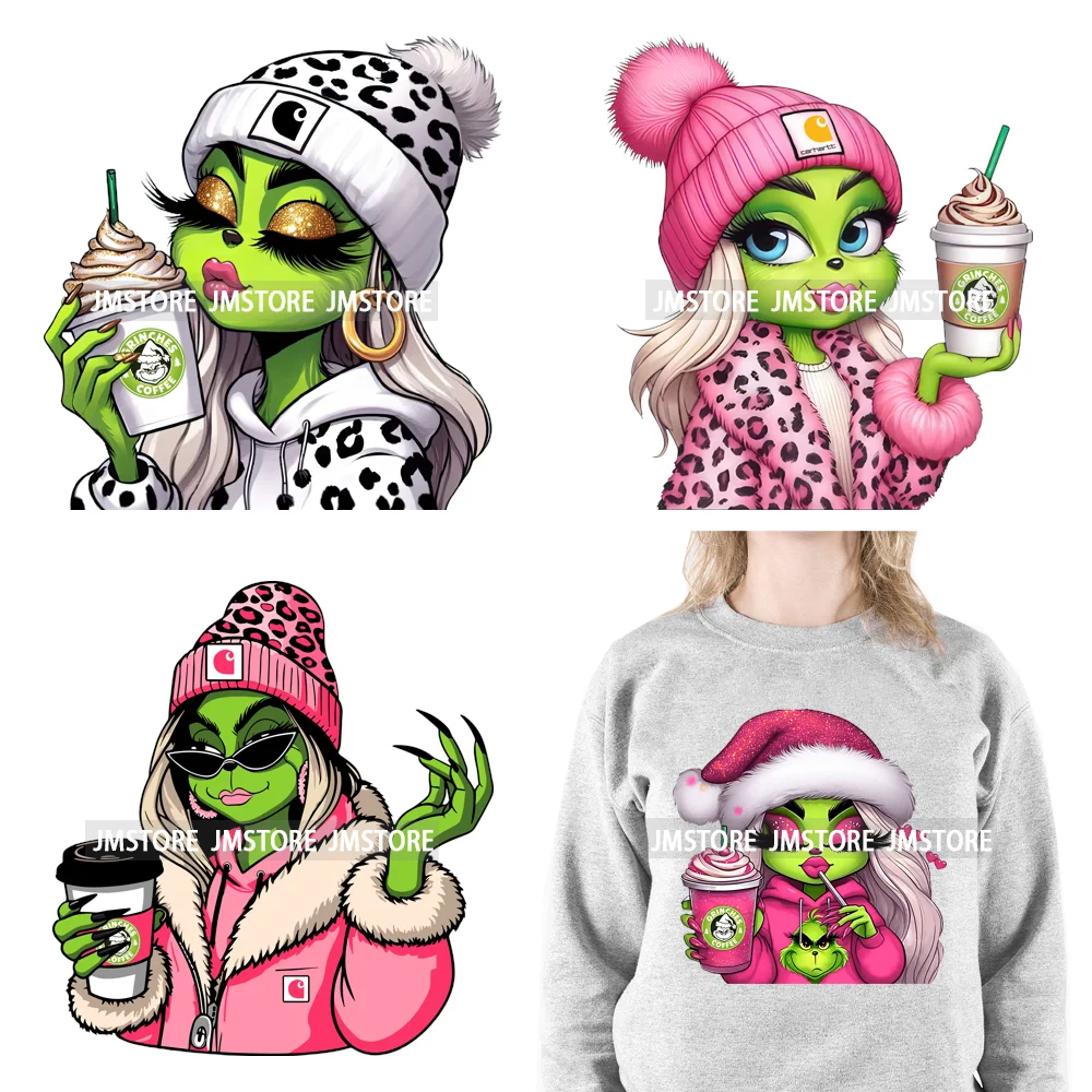 Green Bougie Lady Coffee Leopard Christmas Holiday Season Iron On DTF Transfers Stickers Ready To Press For T-shirts Bags