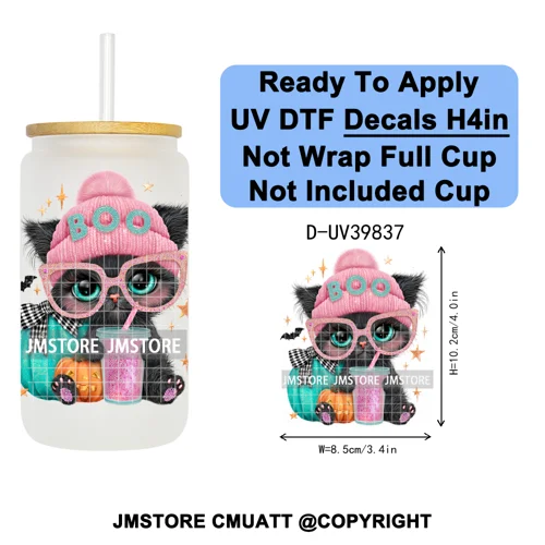 Girly Halloween Ghost Pumpkin Coffee Lover UV DTF Transfer Stickers Decals Ready To Apply Waterproof For 16OZ Libbey Glass Can