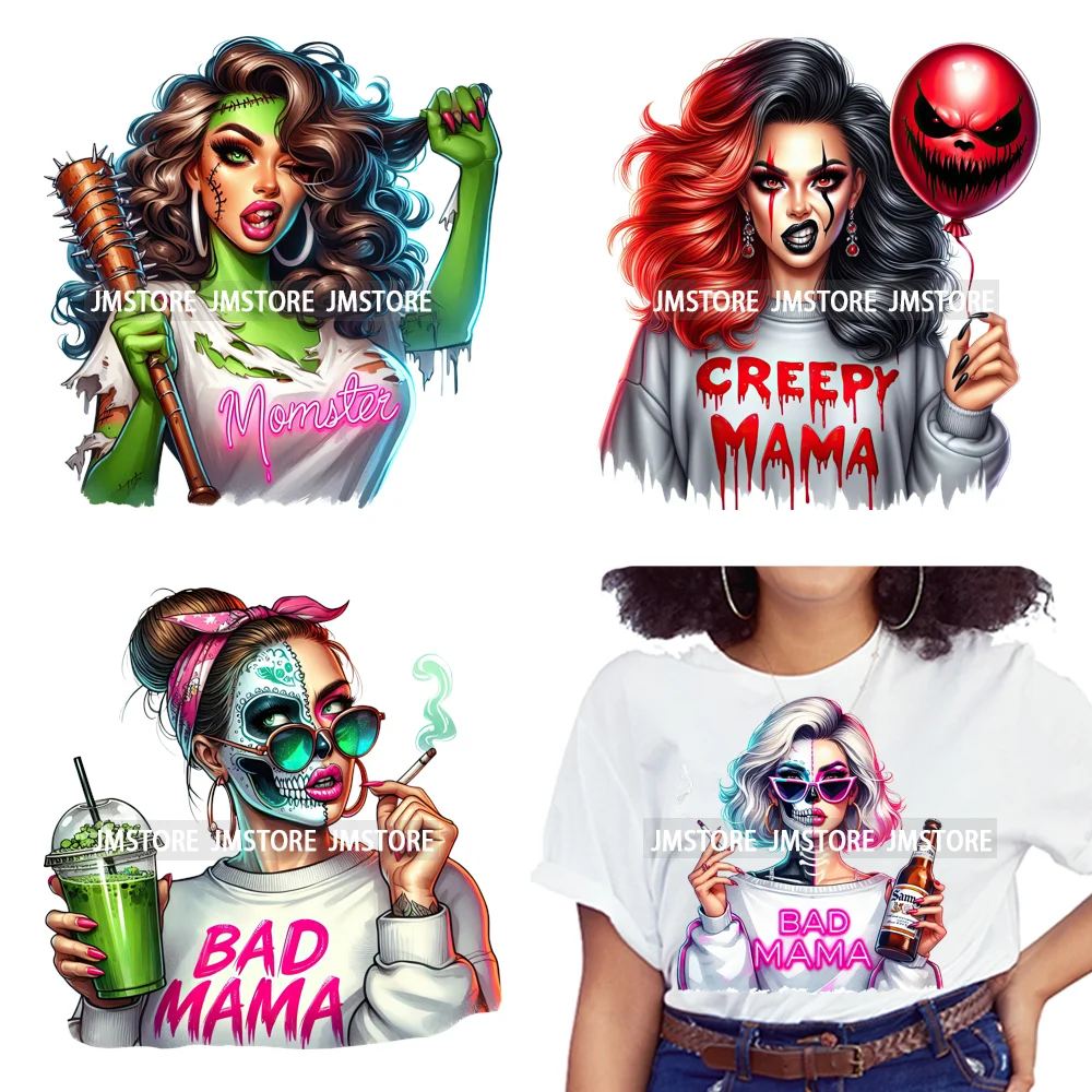 Creepy Killer Mama Club Halloween Spooky Vibes Horror Mom Iron on Washable DTF Transfer Stickers Ready to Press for T-shirts Bag