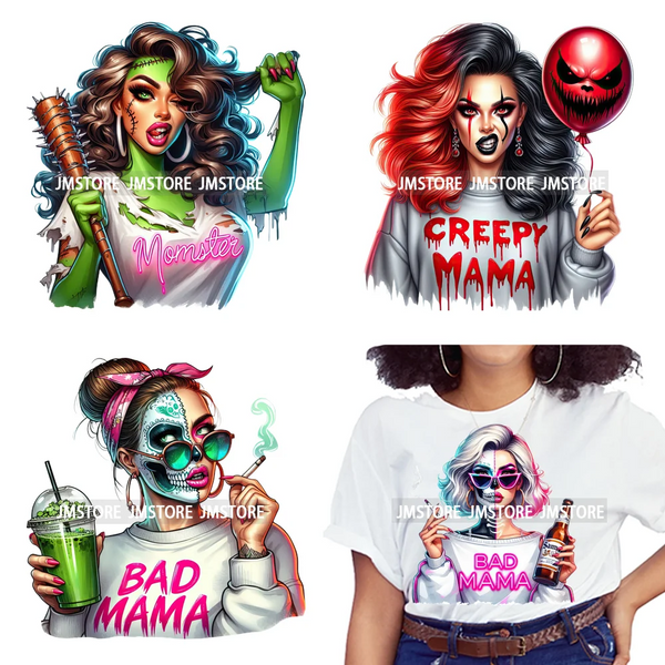 Creepy Killer Mama Club Halloween Spooky Vibes Horror Mom Iron on Washable DTF Transfer Stickers Ready to Press for T-shirts Bag