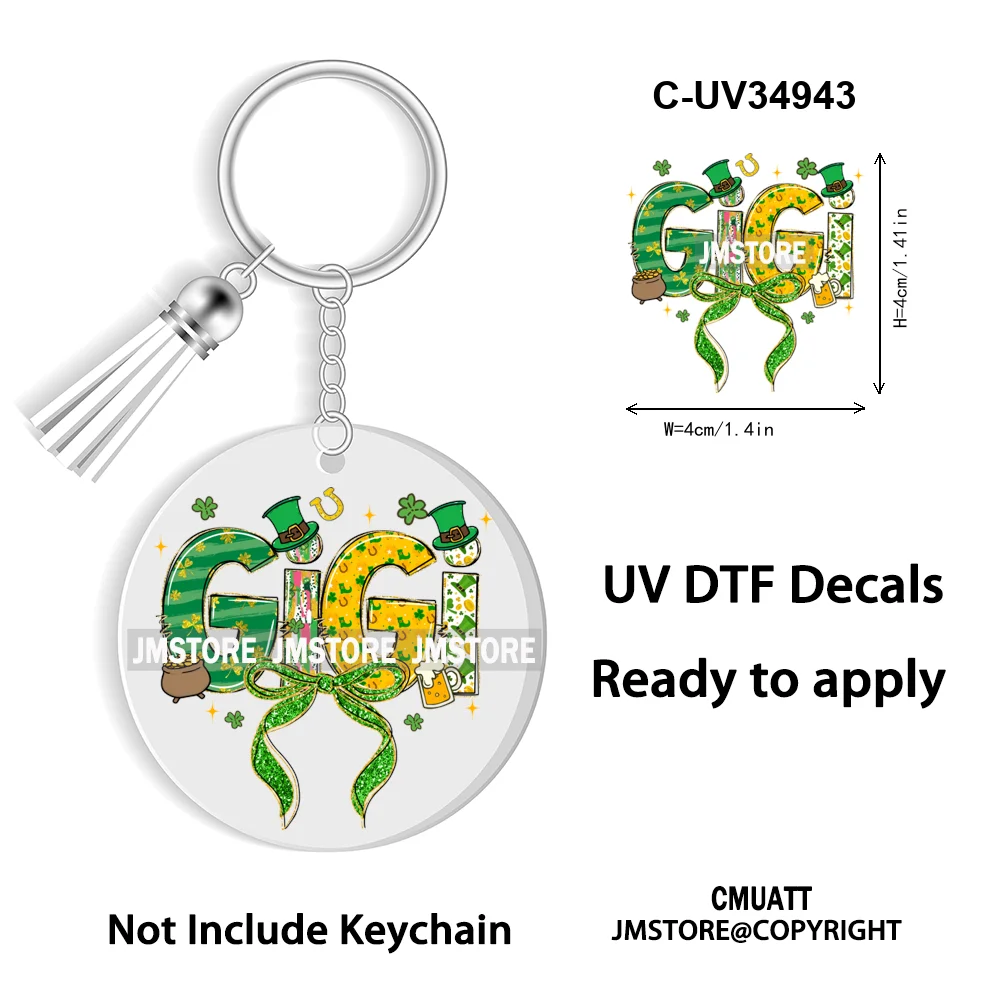 Faux Glitter Lucky Shamrock Coquette St. Patrick's Day WaterProof UV DTF Stickers For Round Circle Acrylic Keychain Key Ring