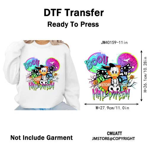 Colorful Cute Cartoon Animal Boo Skeleton Halloween Season Iron on DTF Washable Transfers Stickers Ready to Press for Textile