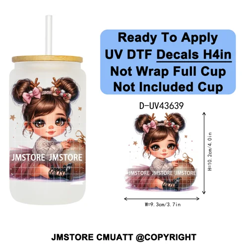 Chibi Cute Mexican Christmas Baby Girl UV DTF Decals Ready To Apply Waterproof Transfer Stickers For 16OZ Libbey Glass Can Mugs