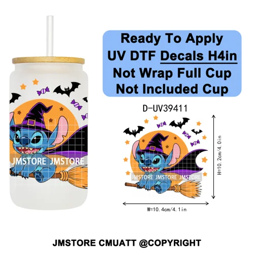 Witch Cartoon Horror Halloween Mummy UV DTF Transfer Stickers Decals Ready To Apply Waterproof For 16OZ Libbey Glass Can Tumbler