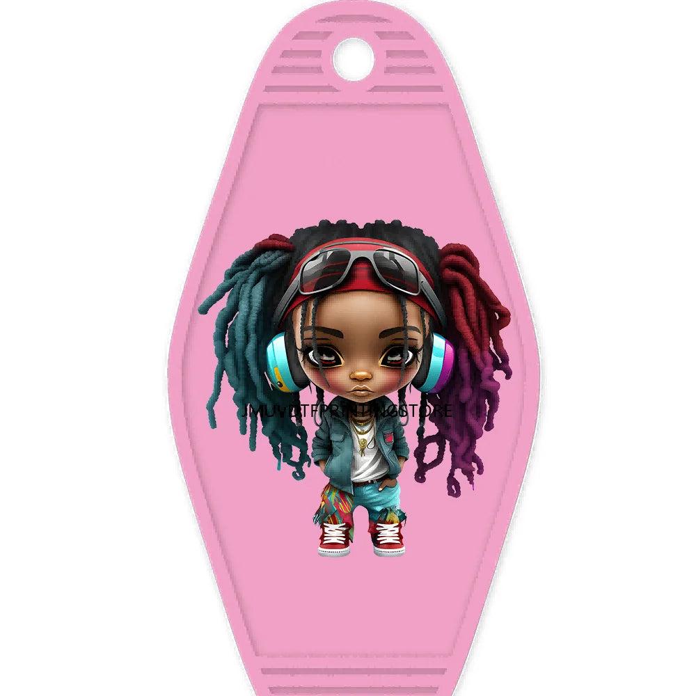 Cool Dreadlock Afro Girl High Quality WaterProof UV DTF Sticker For Motel Hotel Keychain Black Hip Hop Kids