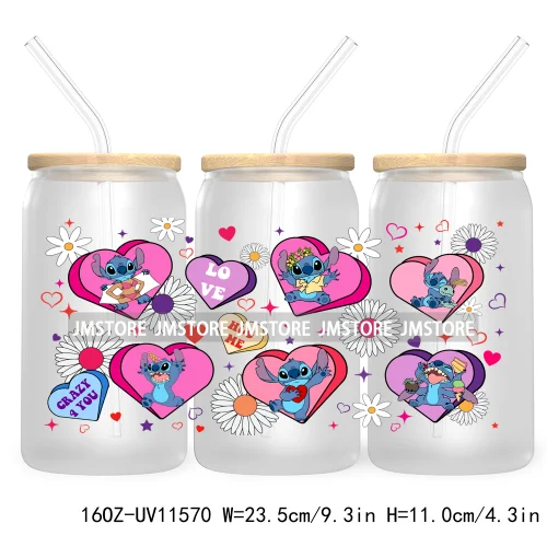 Pink Valentine Candy Heart UV DTF Sticker For 16OZ Libbey Glass Cup Can Wrap Custom Transfer Stickers Be My Boo Valentines Ghost