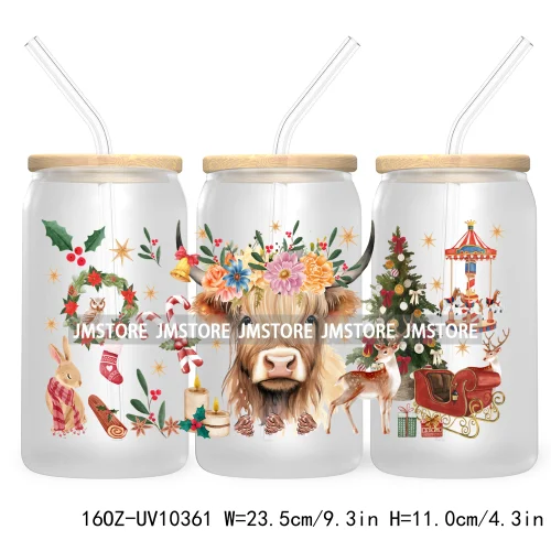 Retro Christmas Santa Claus 16OZ UV Cup Wrap DTF Transfer Stickers For Libbey Glass Can Cups Tumbler Cookie Gingerbread Dog Mom