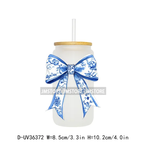 Blue Chinoiserie Coquette Bow UV Sticker Decals For Libbey Cold Cups Mug Tumbler Transfer Stickers Waterproof Top Quality Prints