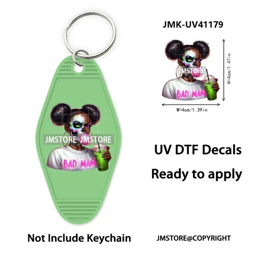 Afro Girl Halloween Skeleton Zombie UV DTF Motel Keychain Decal Ready To Ship Durable Transfer Stickers Print For Hotel Keychain