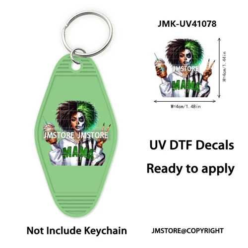 Black Horror Mama Skull Skeleton Ghosts UV DTF Motel Keychain Wraps Ready To Apply Waterproof High Quality Hotel Keychain Decals