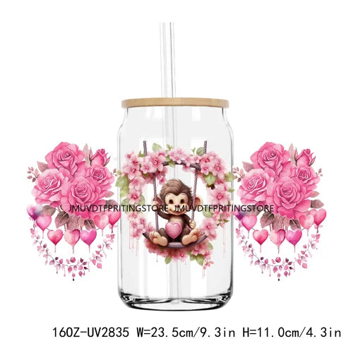 Valentines Teddy Bear With Red Roses UV DTF Sticker For 16OZ Libbey Glass Cup Can Wrap Transfer Sticker Custom Labels DIY Logo