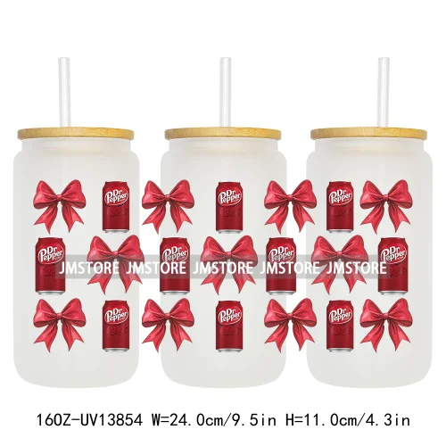 Soft Drink Pink Bow Coquette Strawberry UV DTF Wraps Transfer Sticker Selfadhesive Waterproof  For 16OZ Libbey Glass Can Tumbler