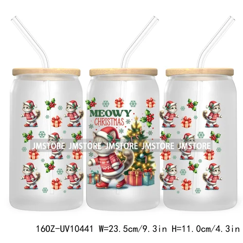 Merry Mama Social Club UV DTF Cup Wraps Transfers Sticker For 16OZ Libbey Glass Can Holiday Christmas Santa Tree Coquette Bow