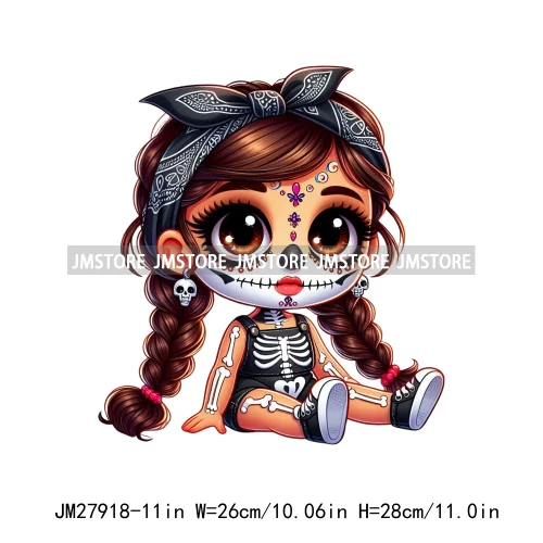 Halloween Skeleton Latina Baby Chibi Hispanic Girls Spooky Season DTF Iron On Transfers Stickers Ready To Press For Clothing