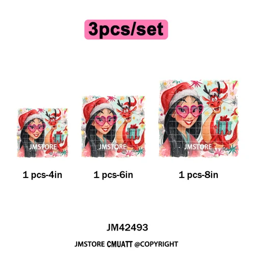 Glasses Cartoon Princess Animal Christmas Brushstroke Festive Vibes Iron on DTF Transfers Stickers Ready to Press for Hoodies