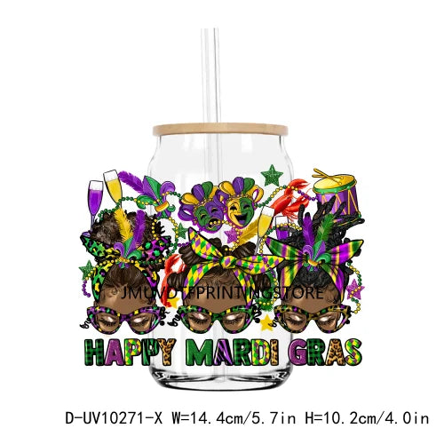 Happy Mardi Gras Afro Messy Bun UV DTF Transfers Stickers Decals For Libbey Cold Cups Mugs Tumbler Waterproof DIY Logo