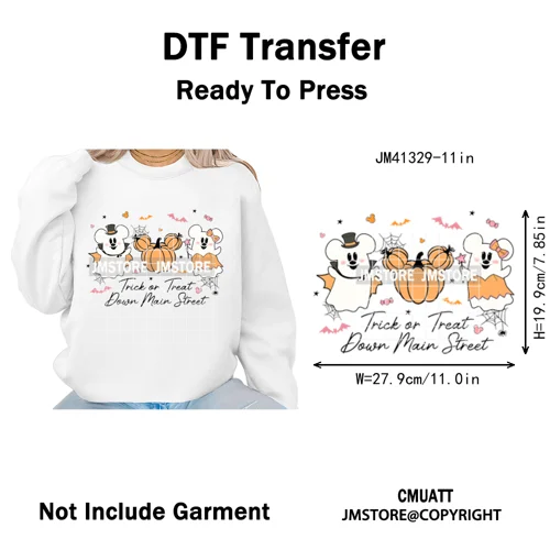 Trick or Treat Down Main Stree Cartoon Coquette Ghost Boo Halloween Iron on DTF Transfers Stickers Ready to Press for T-shirts