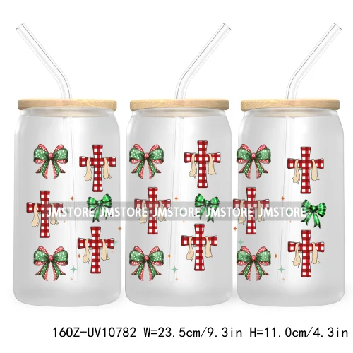 Religious Jesus Christmas UV DTF Cup Wrap For Libbey Glass Can Transfer Stickers Waterproof Custom Labels Christian Cross Bow